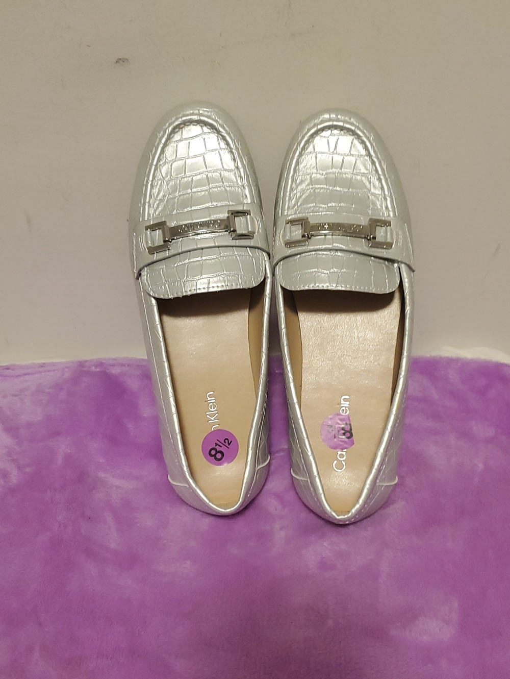 Calvin Klein Metallic Silver Croc-Embossed Slip-On Loafers